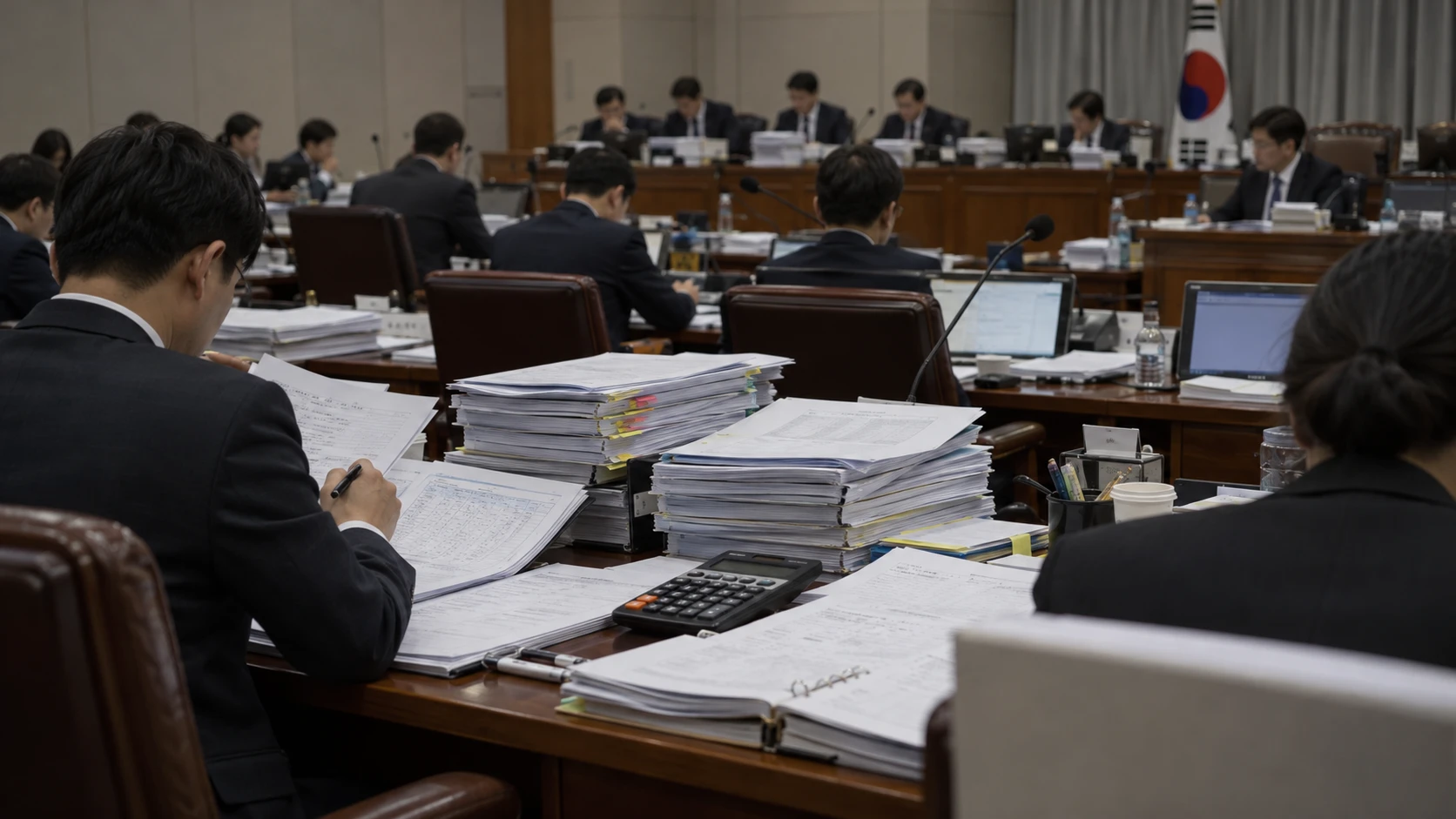 예산자료를 검토하는 한국의 예산 심의 장면을 표현한 실사형 이미지