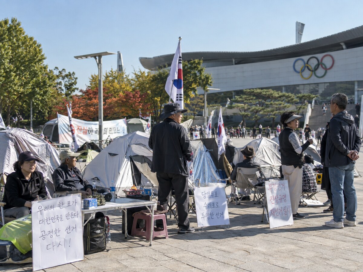 서울 올림픽공원에서 재선거를 요구하며 집회 중인 시민들