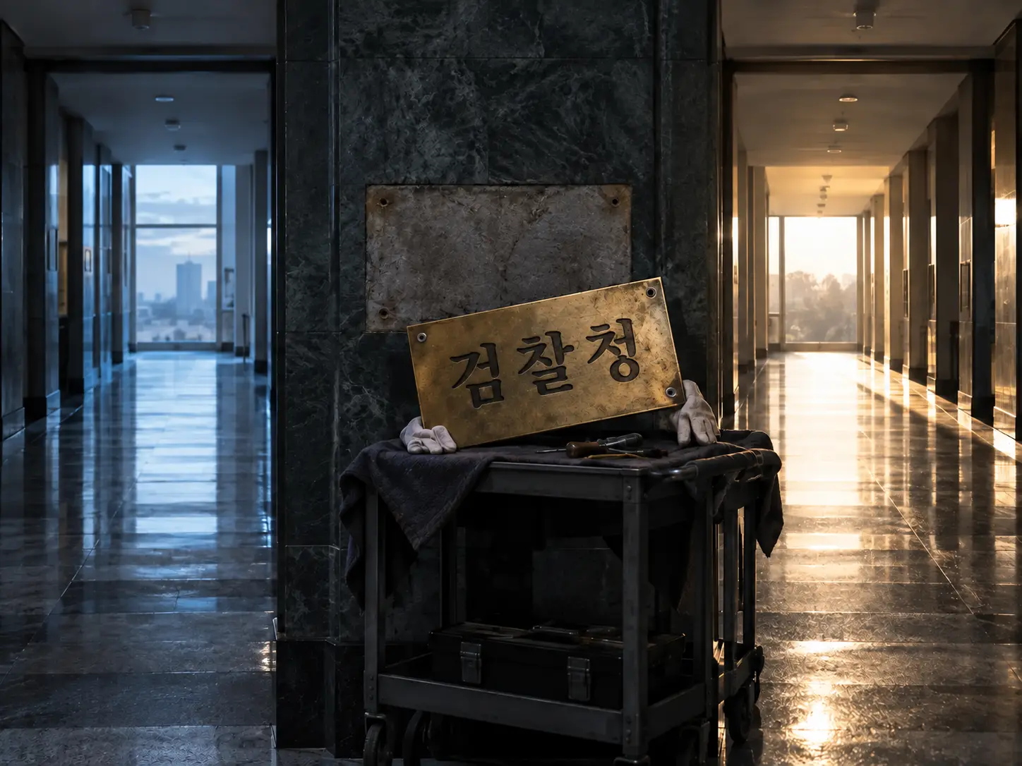 정부기관의 낡은 현판이 내려진 자리에서 두 갈래 복도로 권력이 나뉘어 이동하는 모습을 상징한 사실적 이미지
